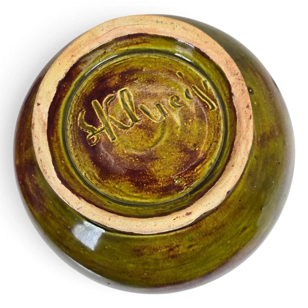 Signed Studio Pottery Vase Olive Green Brown Glaze Incised Design 6.75